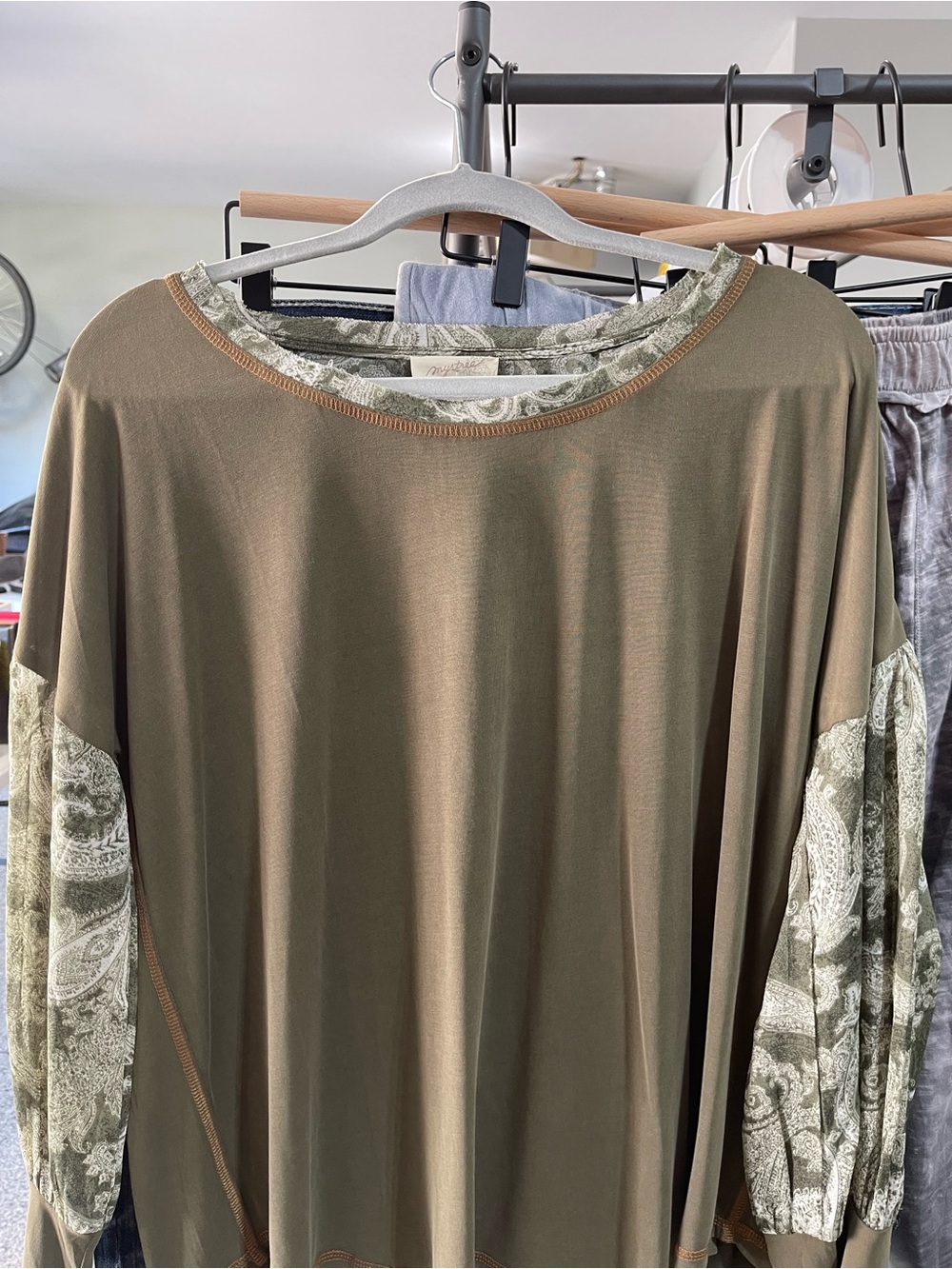 Mystree Olive Tunic with Paisley Sleeve Insets